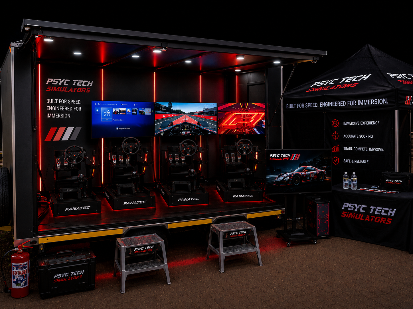 Psyc Tech racing simulator rig with red LED lighting